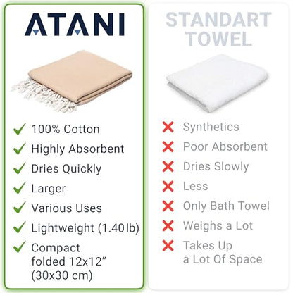 ATANI Turkish Beach Towel, Converts to a Bag, Oversized 100% Cotton Bath Towels Lightweight Quick-Dry Beach Blanket for Travel, Picnic, Camping, Yoga and Pool (Yellow + Bag, 35 inc x 69 inc) - color: Yellow + Bag, size: 35 inc x 69 inc