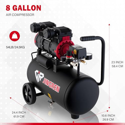8 Gallon Quiet Oil Free Air Compressor With Air hose, Only 68dB, 2HP | Oilless Quiet Air Compressor, 4.2CFM, Max 120 PSI, 8 Gallon Air Tank for Car Repair, Spray Painting, Nailing With Air Hose