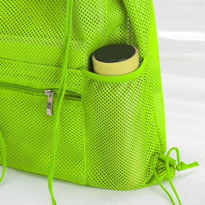 NATURAL STYLE Mesh Drawstring Backpack Bag, Gym Sports Bag with Zipper Pocket Bottle Holder, String Beach Bag for Swiming Travel (Green) - color: Green