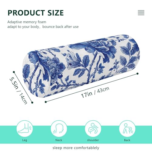 Bolster Pillow Neck Pillow Round Soft Health Memory Foam Pillows Long Cylindrical Body Pillow with Removable Cover Cute Back Yoga Blue and White Flowers Leaves 17" x 5.5" - color: Blue and White Flowers Leaves