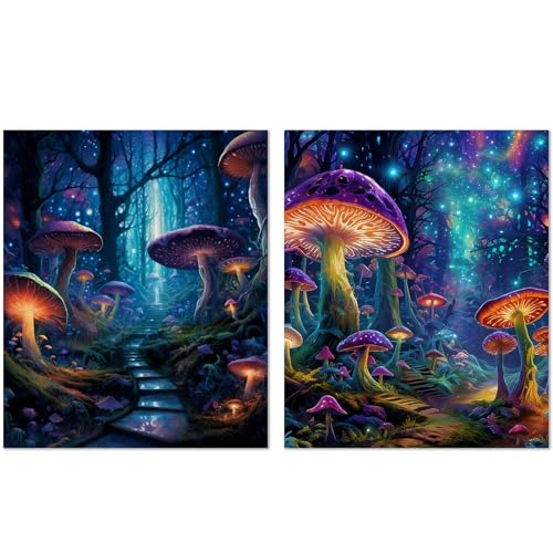 XUNLURY Enchanted Mushroom Diamond Art Kits 2 Pcs, Fantasy Glow Mushroom Forest Diamond Painting Kits for Adults Beginners, Full Drill Diamonds Dots for Home Decor, 9.8x11.8 Inch - color: color_5, size: 10 x 11.8 inches