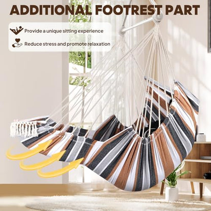 Chihee Hammock Chair Foot Rest 2 Cushions Max 485 lbs Metal Spreader Bar | Robust Hanging Chair Soft Cotton Blended Swing Collapsible Easy Storage Strong Strap Iron Carabiner Pocket Indoor Outdoor - color: Brown Stripes