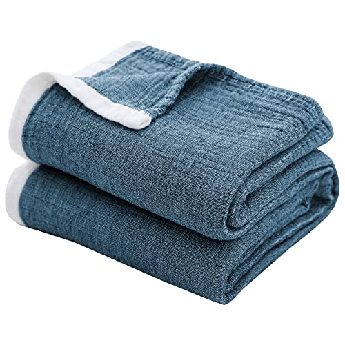 SE SOFTEXLY Muslin Throw Blanket, 4-Layer Dyed Yarn, 90”x102”, Denim Blue - color: 1-vintage Blue, size: King-90" X 102"