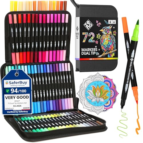 ZENO 72 Dual Tip Markers Set-B with Case – No-Bleed Art Markers for Adults – Fine & Brush Tips - Watercolor Pens for Artists, Journaling, and Creative Projects