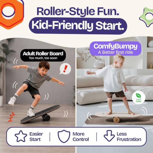 ComfyBumpy Balance Board for Kids with Cork Roller, 30" x 12" Wooden Balance Board, 4 Adjustable Levels, 400 lb Capacity, Progressive Balance Trainer for Kids, Parents & Family Play