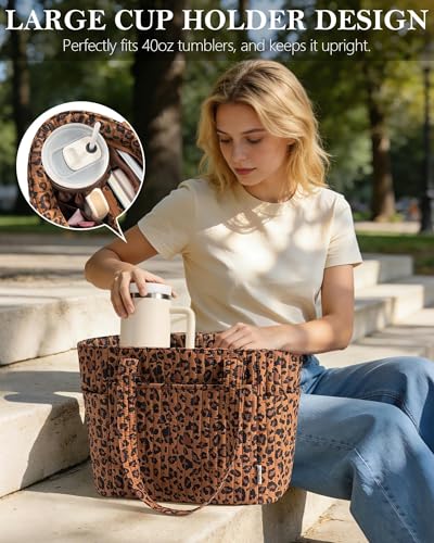 Bagstellar Quilted Tote Bag for Women Teacher Nurse Cotton Laptop Work Tote | Top Zip Closure Puffer Nursing School Travel Tote Bags with 40oz Cup Holder, Lightweight 14” Computer Shoulder Handbag Purses - color: Leopard