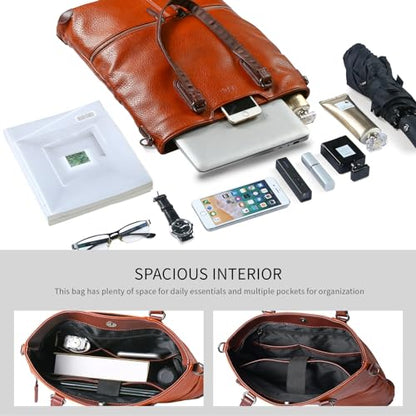 Lassviin Laptop Tote Bag, Leather Work Tote for Computer Bag Waterproof Lightweight Shoulder Bag Purse Handbag Crossbody Bag - color: Brown - Medium