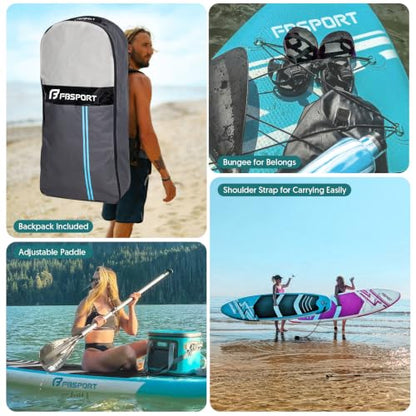 FBSPORT 11' Premium Stand Up Paddle Board, Yoga Board with SUP Accessories & Carry Bag | Wide Stance, Surf Control, Non-Slip Deck, Leash, Paddle and Pump for Youth & Adult - color: Ice Blue