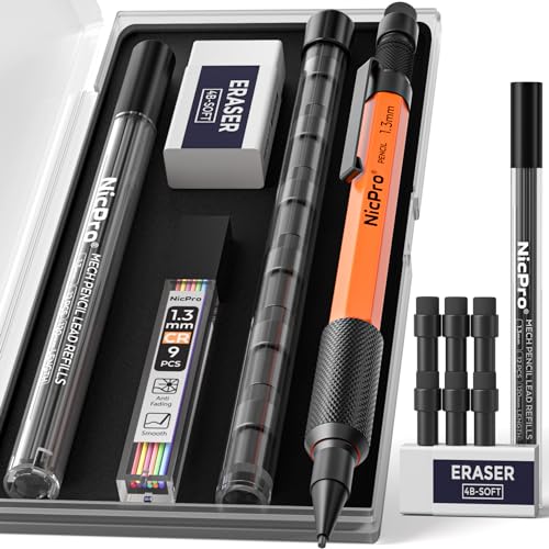 Nicpro MP2000 1.3mm Metal Mechanical Pencil Set with Case (Orange) | Black & Color Lead Refill, Eraser, Weatherproof Heavy Duty Carpenter Pencil for Outdoor Woodworking Marking, Drafting Drawing - style: 1 Pack (Orange)