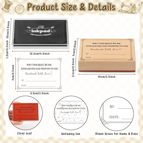 EYxsaxenk Handmade with Love Gift Tag Wooden Fabric Stamp with Black Ink Pad - color: Quilt