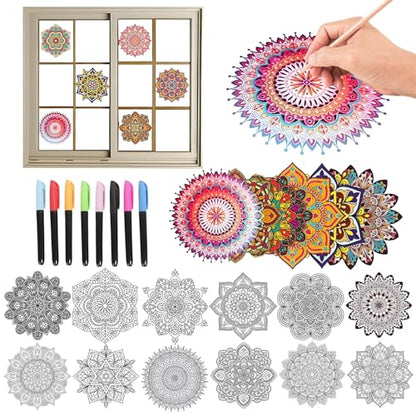 Diamond Art Stained Glass Window Clings, 12 Pcs DIY Mandala Window Stickers | PVC material, 7 inches, diamond DIY pen and markers, craft hobby for women, creative art kit, home decor, adhesive backing