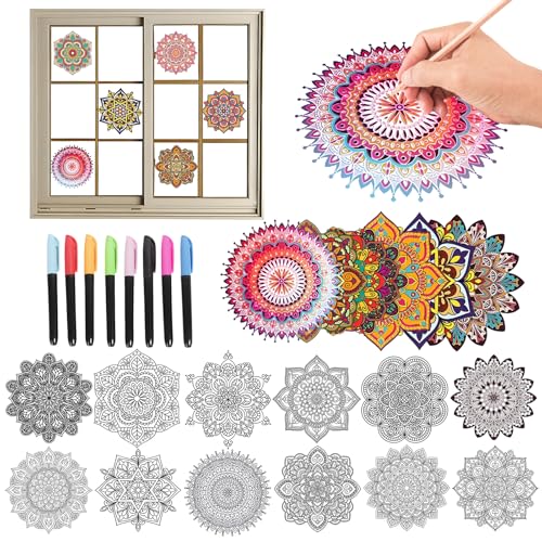 Diamond Art Stained Glass Window Clings, 12 Pcs DIY Mandala Window Stickers | PVC material, 7 inches, diamond DIY pen and markers, craft hobby for women, creative art kit, home decor, adhesive backing