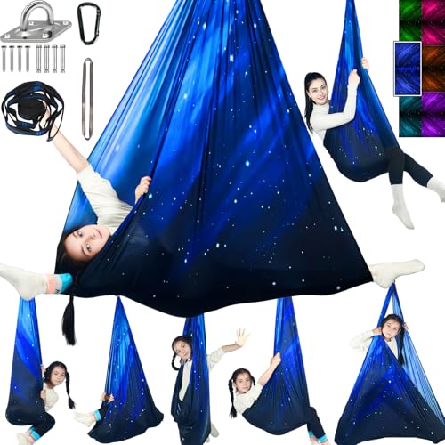 Sensory Swing for Kids Holds 300lbs Therapy Cuddle Hammock Chair | Soft breathable skin-friendly fabric, indoor & outdoor usable, calming sensory support for kids with Autism, ADHD and SPD - color: Space Blue