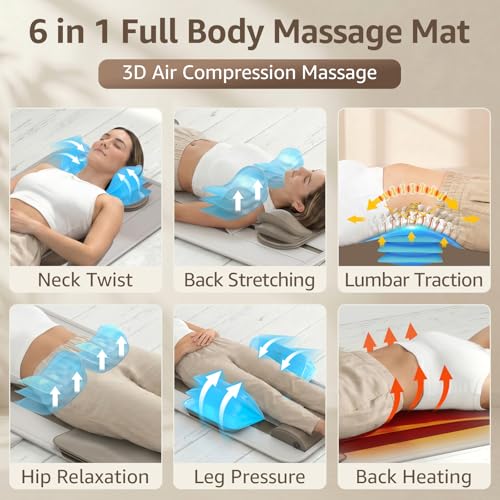 YENING Full Body Massage Mat with Airbags, Air Compression Stretching Mat with Heat for Bed Floor, Neck Lumbar Traction Pad for Pain Relief, Foldable Massage Mattress Topper, 5'1"-6'0"