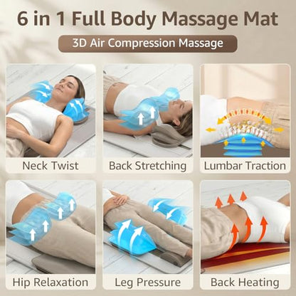 YENING Full Body Massage Mat with Airbags, Air Compression Stretching Mat with Heat for Bed Floor, Neck Lumbar Traction Pad for Pain Relief, Foldable Massage Mattress Topper, 5'1"-6'0"