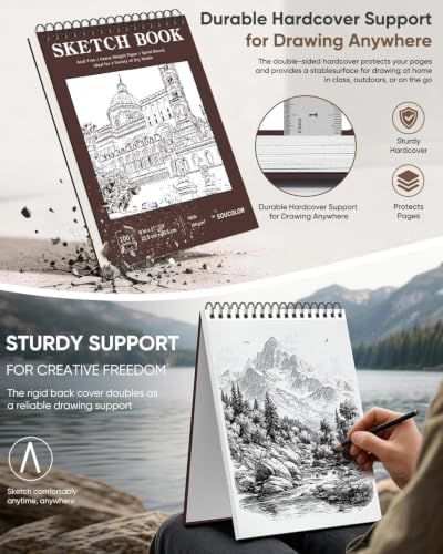 Soucolor 9" x 12" Sketch Book, 100 Sheets Hardcover Art Sketchbook for Kids | Thick Acid-Free Sketch Paper (68lb/100gsm) Artist Drawing Book Paper Painting Sketching Pad for Grandkids Who Love to Draw - color: Brown Hardcover, size: 9" x 12" (Pack of 1)