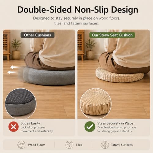 Round Tatami Floor Pillow, Handwoven Straw Cushion, Dia: 15.7" | Natural, Eco-friendly, Lightweight, Anti-Slip, Breathable, for Apartment Living Room Meditation Patio Outdoor Window Seat - size: 15.7''