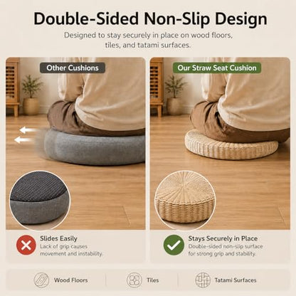 Round Tatami Floor Pillow, Handwoven Straw Cushion, Dia: 15.7" | Natural, Eco-friendly, Lightweight, Anti-Slip, Breathable, for Apartment Living Room Meditation Patio Outdoor Window Seat - size: 15.7''