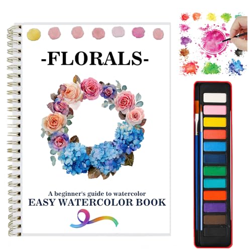 Watercolor Workbooks with 12 Illustractions Beginner Friendly Coloring Book Painting Kit Easy Nature Scenes Paint Set for Creative Exploration Gift for Adults (Flowers, with Palette) - color: Flowers, size: with palette