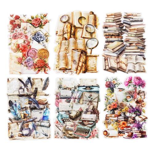 120 Pcs Vintage Literary Stickers for Scrapbooking, Journaling | PET material with book, scroll, typewriter, quill and floral designs for junk journals, collage and card making - color: Aroma of Books