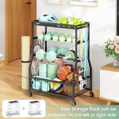 Home Gym Storage Rack, Dumbbell Rack with Yoga Mat Storage, Weight Rack Stand with Lockable Wheels and Hooks, Home Workout Equipment Organizer for Yoga, Dumbbell, Kettlebells, Ball Storage - size: Large