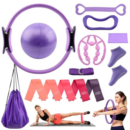 Pilates Essentials Kit for Women, 14 Pcs Pilates Equipment for Home Workouts with Yoga Circle Ball Ring, 5 Resistance Bands,Pedal Puller Resistance Band - color: Purple