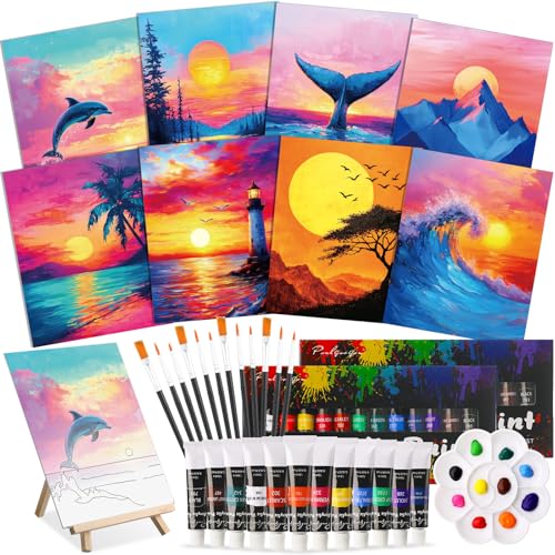 Cholemy 36 Pcs Paint and Sip Kit Gift for Adults 8''x10'',Sunset Style | Pre Drawn Canvas, Painting DIY Afro Acrylic Painting Kit, Wood Easel Brushes, Date Night Bulk, Summer Halloween Party - style: Sunset Style