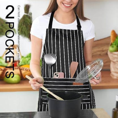 2 Pack Kitchen Cooking Aprons, Adjustable Bib Soft Chef Apron with 2 Pockets for Men Women - color: Black Stripes