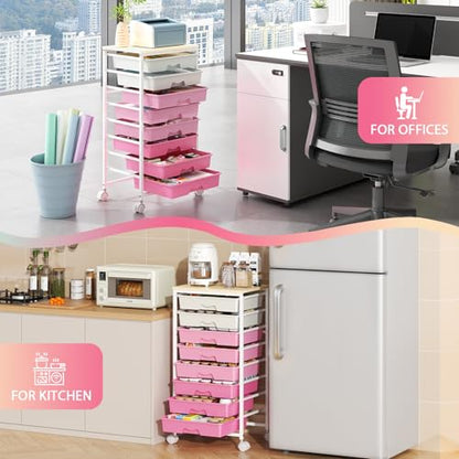 Goovilla Rolling Cart with 8 Drawers for Art, Dorm, Office, Craft, Pink | Utility Cart Organizer With 8 Removable Drawers and Wooden Tabletop, Lockable Rolling Storage Organizer for Classroom, Home - size: Pink