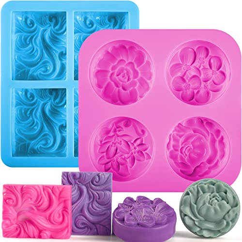 Sakolla 2 Pack Silicone Soap Molds, 4 Cavities Rectangle Wave and Round Flower Silicone Molds for Handmade Soap, Candle and Mousse Cake - color: Wave+Flower/Pink & Blue