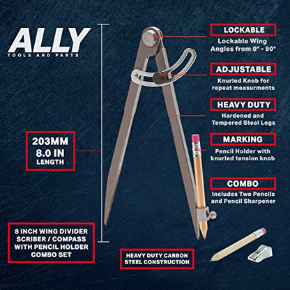 ALLY Tools 8 Inch Precision Locking Wing Divider/Woodworking Compass with Pencil Holder INCLUDES Two Pencils and Pencil Sharpener Ideal for Drawing, Drafting, Carpentry