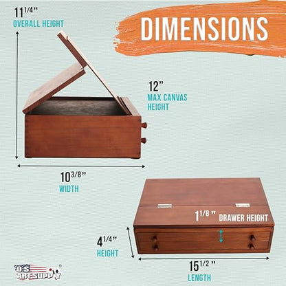 U.S. Art Supply 2-Drawer Artist Tool Supply Box with Locking Clasps & Fold-Up Drawing Easel - Walnut Color Art Box for Artist Supplies, Brushes, Pencils, Erasers, Tool Storage Organizer Case