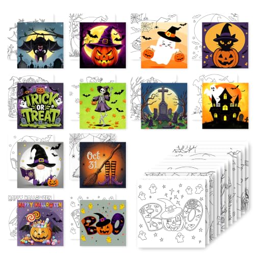 12 Packs Pre Drawn Canvas to Paint, Pre Printed Canvas for Painting, Pre Stretched Canvas Outline Painting Boards for Beginners, Students, Party Favors(4 * 4in) (Halloween) - color: Halloween