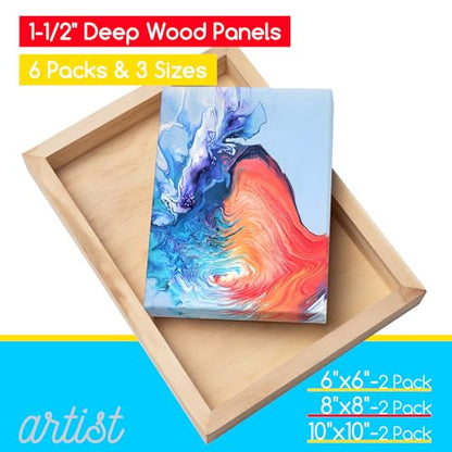 MEEDEN Unfinished Wood Canvas Board:6x6 8x8 10x10 Canvas Panel Pack of 6 | 1-1/2" Deep Wooden Panel Board, Blank Cradled Wood Art Board for Painting - Rectangle - size: 6x6 8x8 10x10 - 6 Pack