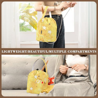Cartoon Golden Stars and Dots Yarn Bag Small Crochet Bag Drawstring Yarn Storage Organizer Knitting Project Bags Potable Yarn Holder with Holes Handle Crocheting Needles Knitting Accessories - color: Cartoon Golden Stars and Dots