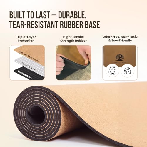MHW - LIVE WELL Cork Yoga Exercise Mat | Natural Resists Sweat & Odors | Non-Slip TPE Yoga Mat | Extra Comfort for Hot Yoga, Pilates, and Workouts | 6mm Thick, Eco-Friendly