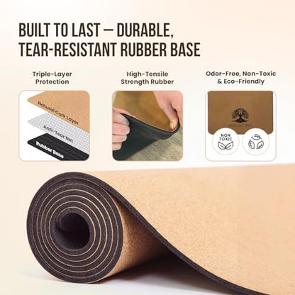 MHW - LIVE WELL Cork Yoga Exercise Mat | Natural Resists Sweat & Odors | Non-Slip TPE Yoga Mat | Extra Comfort for Hot Yoga, Pilates, and Workouts | 6mm Thick, Eco-Friendly