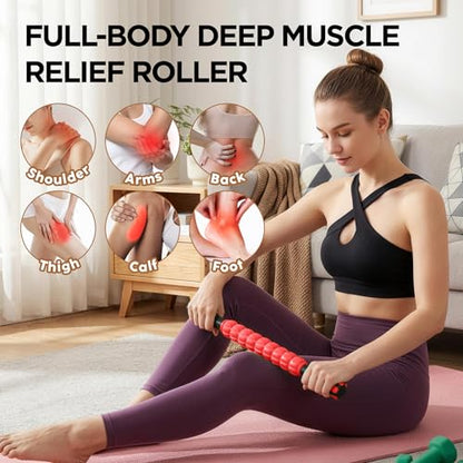 Muscle Roller & Massage Roller Stick for Athletes - Lymphatic Drainage Support, Relieves Muscle Soreness, Cramping & Tightness - Targets Legs, Arms, Back & Calves （Red Wheel） - color: Red
