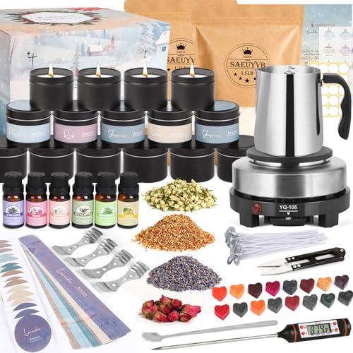 SAEUYVB Candle Making Kit with Wax Melter, Candle Making Kit for Adults - DIY Starter Soy Candle Making Kit/Supplies-Perfect as Home Decoration - size: 15 pcs candle tins kit