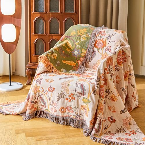 VANJOROY Boho Throw Blanket for Bed Couch 50" x 60", 100% Organic Cotton Skin-Friendly Ultra Soft Quilt Throw - Floral Rustic Living Room Decor Luxury Reversible Blanket for Sofa Chair and Gift - color: Boho-flower-k, size: Throw (50" X 60")