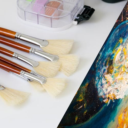 DUGATO Hog Hair Fan Paint Brush Set, 9-Piece Long Handle Brushes | Comfortable Wood Handle for Ceramic Pottery Glazing & Painting, Ideal for Acrylic & Oil, Smooth Blending & Texture Effects - size: 9pcs Fan Brushes