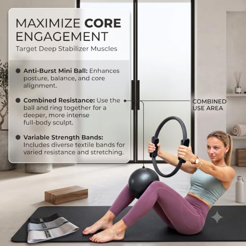 Pilates Kit with 15-Inch Pilates Ring & Small Pilates Ball, Exercise Bands Resistance Bands Set - Workout Equipment and Accessories - Pilates Equipment for Full Body Workout, Pilates Essentials