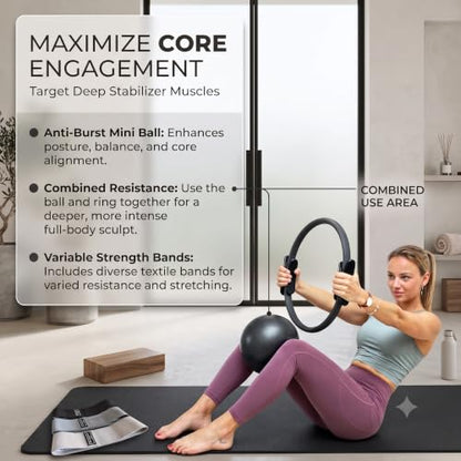 Pilates Kit with 15-Inch Pilates Ring & Small Pilates Ball, Exercise Bands Resistance Bands Set - Workout Equipment and Accessories - Pilates Equipment for Full Body Workout, Pilates Essentials