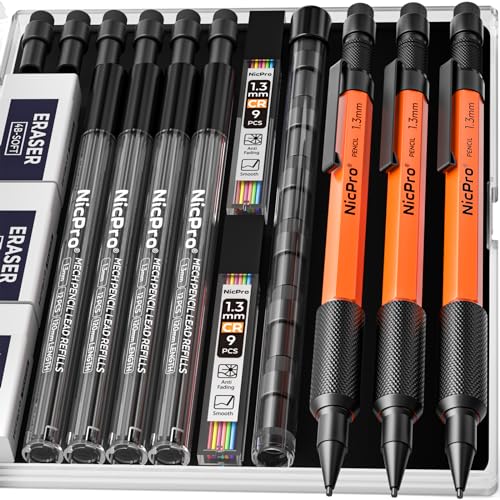 Nicpro 3 PCS 1.3 mm Mechanical Pencils Set with 66 Lead Refill, 3 Eraser | MP2000 Orange Weatherproof Metal Barrel, Heavy Duty Carpenter Pencil for Outdoor Construction Marking Drafting and Drawing - style: 3 Pack (Orange)