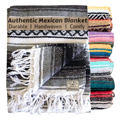 Del Mex Classic Mexican Blanket, Large Authentic Woven Falsa Throw (70"x50"), Artisan Southwest Décor for Beach, Yoga, Outdoors (Gray) - color: Gray