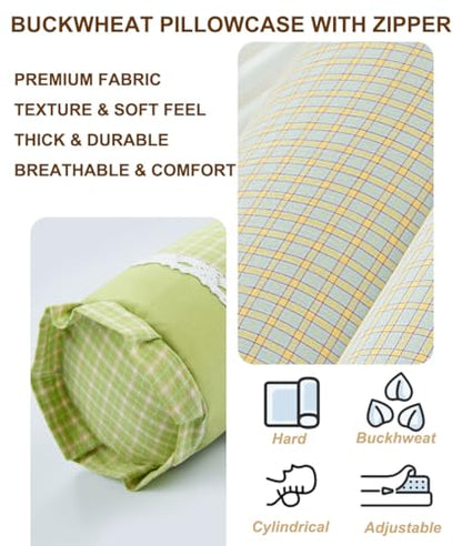 Buckwheat Neck Roll Pillow, Adjustable Bolster Cylinder Pillows with Plaid & Lace Trim Pillowcase, Firm Cervical Support Round Pillows Neck Pain Relief for Sleeping (16"x4",Blue) - color: Blue