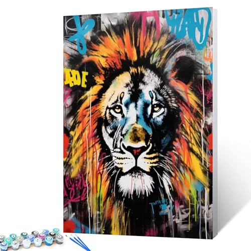 Graffiti Lion Artwork DIY Painting by Numbers for Adults Beginner,Colorful Scrawl Paint by Number on Canvas Easy to Paint for Beginner With Pigment and Brushes Unique Graffiti With Frame 16''X20'' - color: Animals-09, size: 16''Wx20''H(DIY frame)