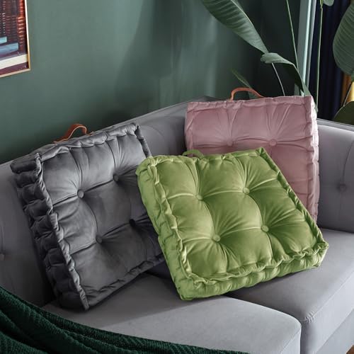 vctops Square Solid Color Velvet Seat Cushion with Handle Tufted Thicken Chair Pad Tatami Floor Pillow Cushion 16.5"x16.5"x4" Grass Green - color: Grass Green