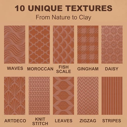 Hokkieam Clay Texture Rollers, 10 PCS Plastic Polymer Clay and Pottery Tool | Create Textured Patterns on Polymer Clay and Pottery for Sculpting, Ceramics, DIY Crafts, and Creative Projects.