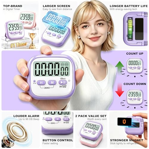 Antonki 2 Pack Classroom Timers for Kids Teachers, Magnetic Countdown Digital Kitchen Timer for Cooking, Study, Exercise, Games, Time Mangement - Loud/Silent Mode - Battery Included - color: 2* Pink & Purple ( Girls Favorite )